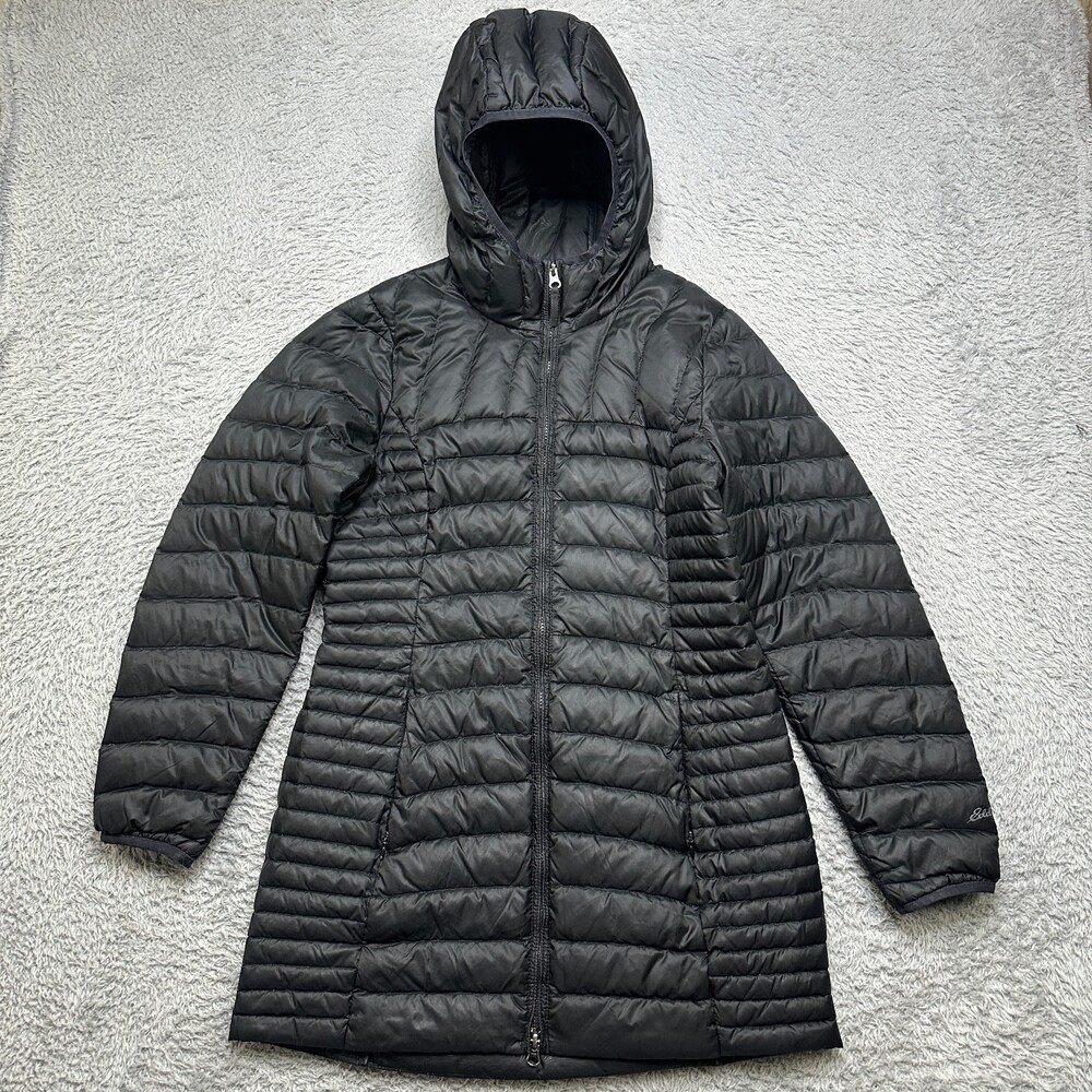 Eddie Bauer Puffer Jacket Womens M Black 650 Down Hooded Zip Long